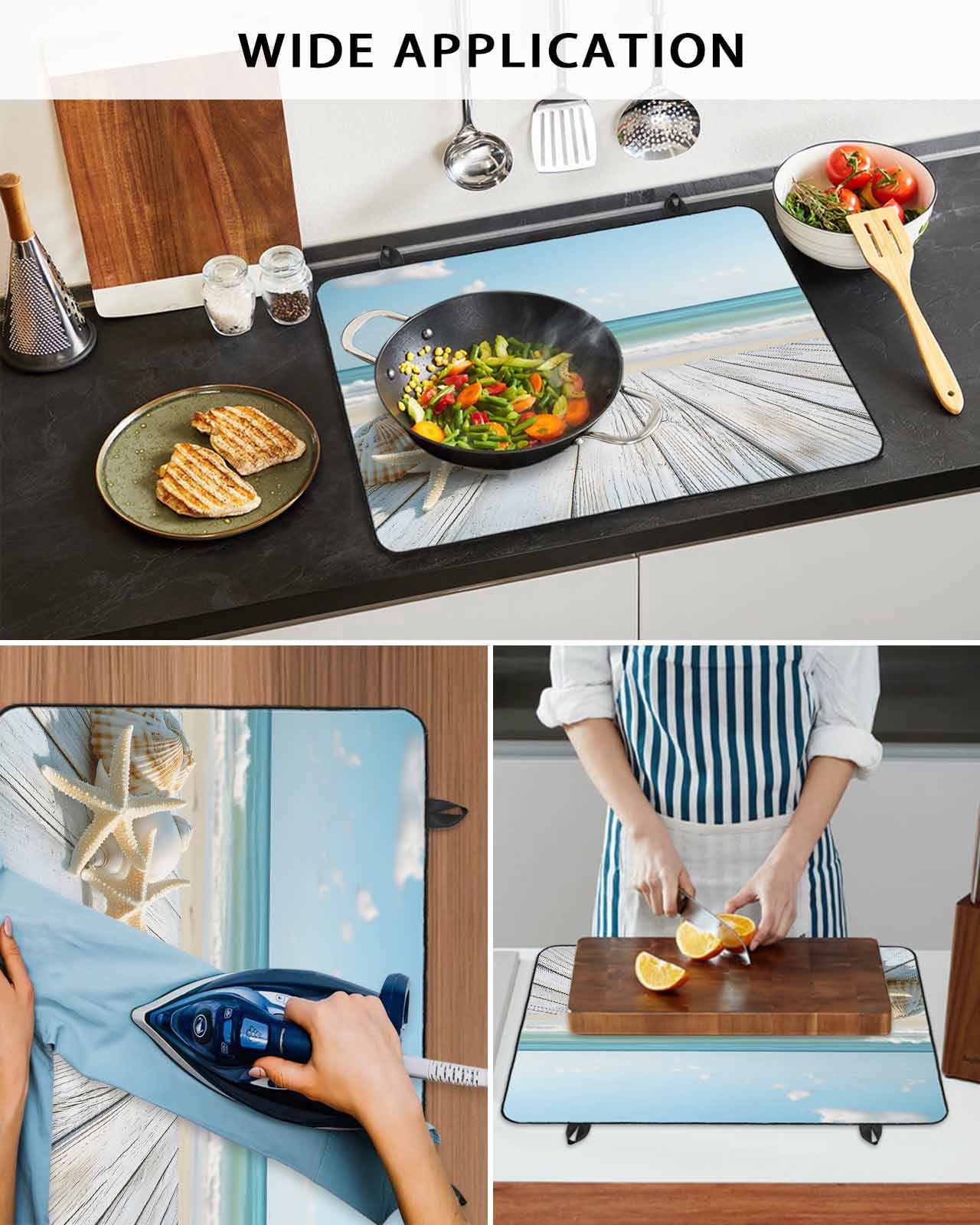 nqOlkjepod Large Induction Cooktop Protector Mat 36"x21", Summer Beach Stove Top Covers for Electric Stove, Ocean Coastal Starfish Seashells Blue Sky Stove Burner Cover Mats, Glass Top Stove Cover