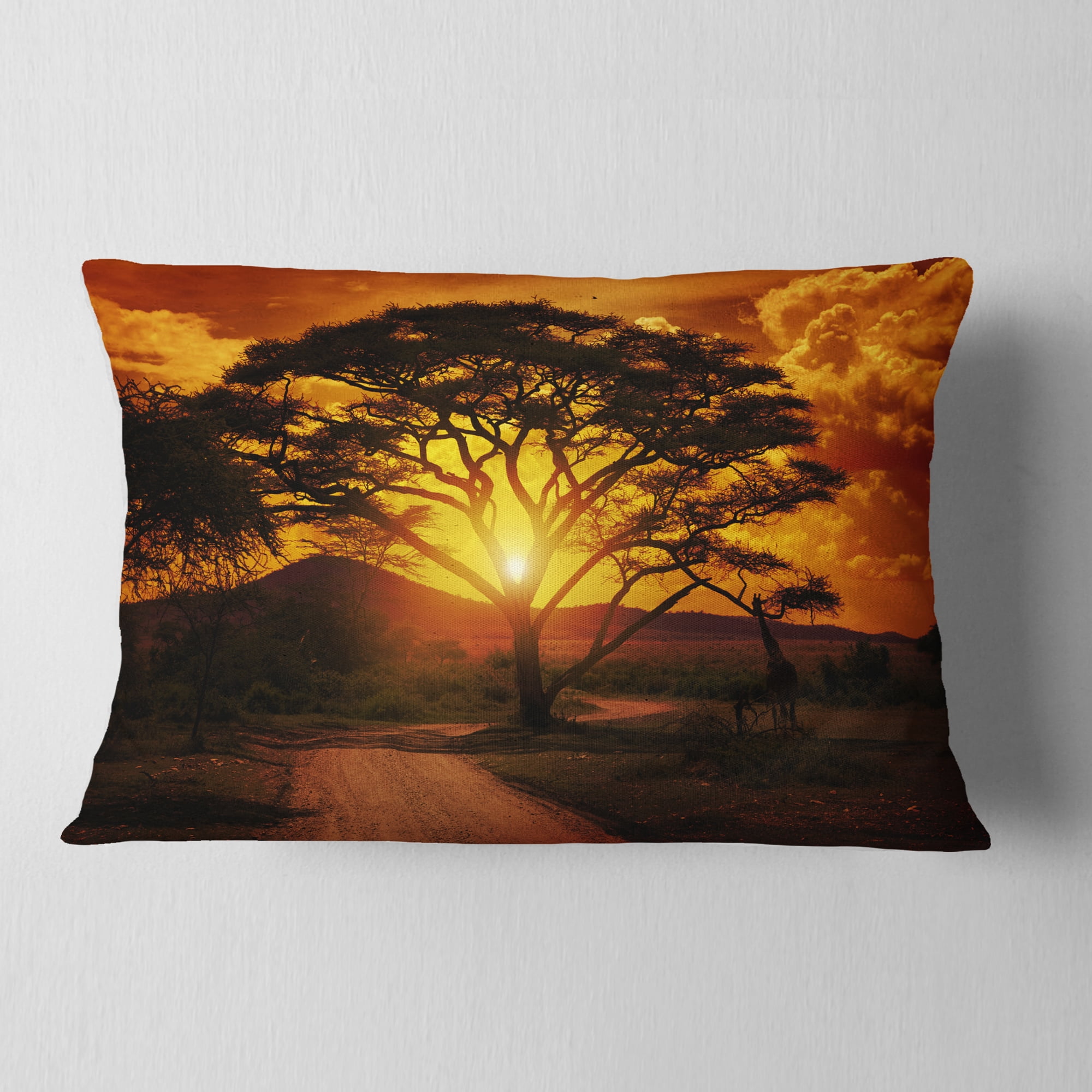 Designart African Sunset with Lonely Tree - African Landscape Printed Throw Pillow - 12x20