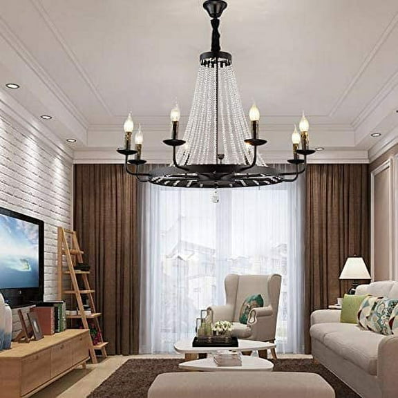 Miumaeov Rustic Vintage Candle Style Crystal Bead Strands Metal Wheel Large Chandelier Lighting Hanging Ceiling Fixture Candle Chandelier for Dining Room and Bedroom Black 22 * 18in
