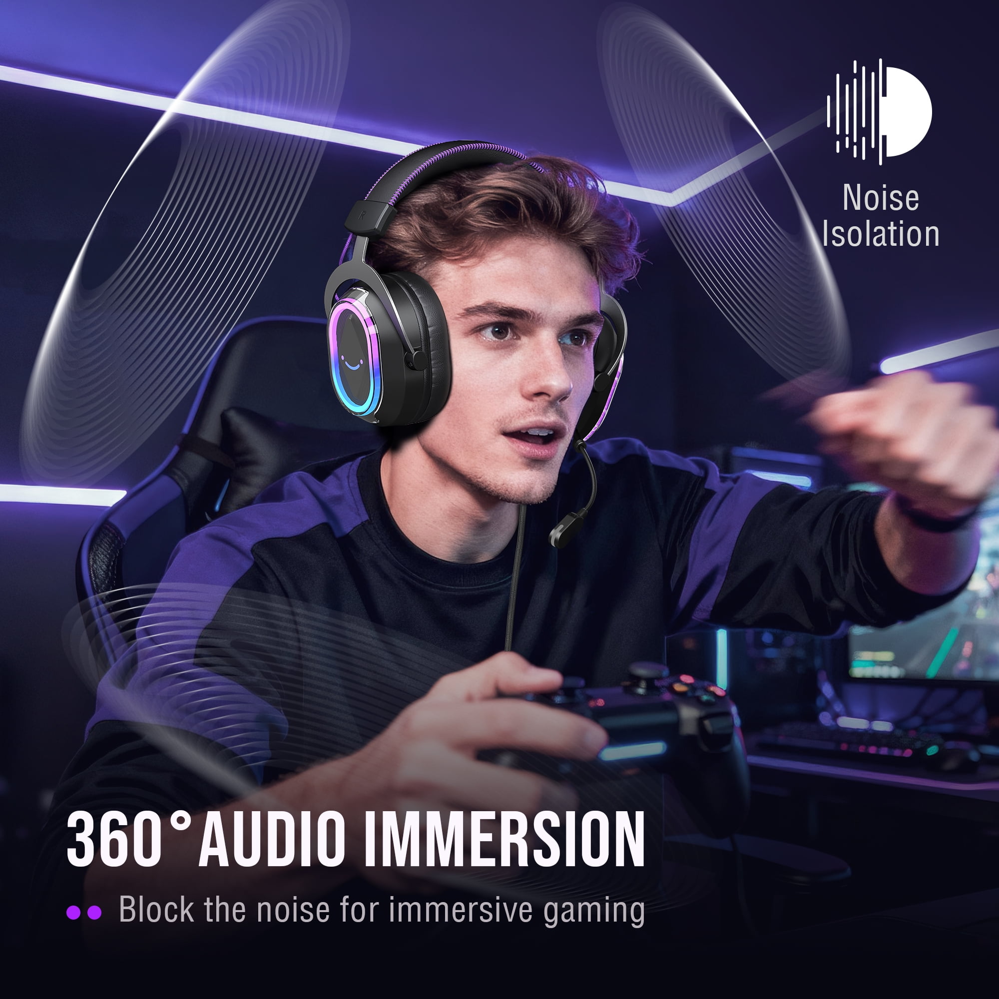FIFINE Wired Gaming Headset with Noise Canceling Mic, USB Gamer Headphone for PC Computer, PS5/PS4 with RGB Control, 7.1 Sound, Chat/Game Balance H13