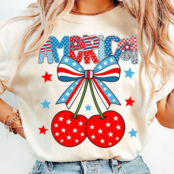 Preppy America Cherries T-Shirt – Cute 4th of July Bow and Flag with Retro Girly Summer Style