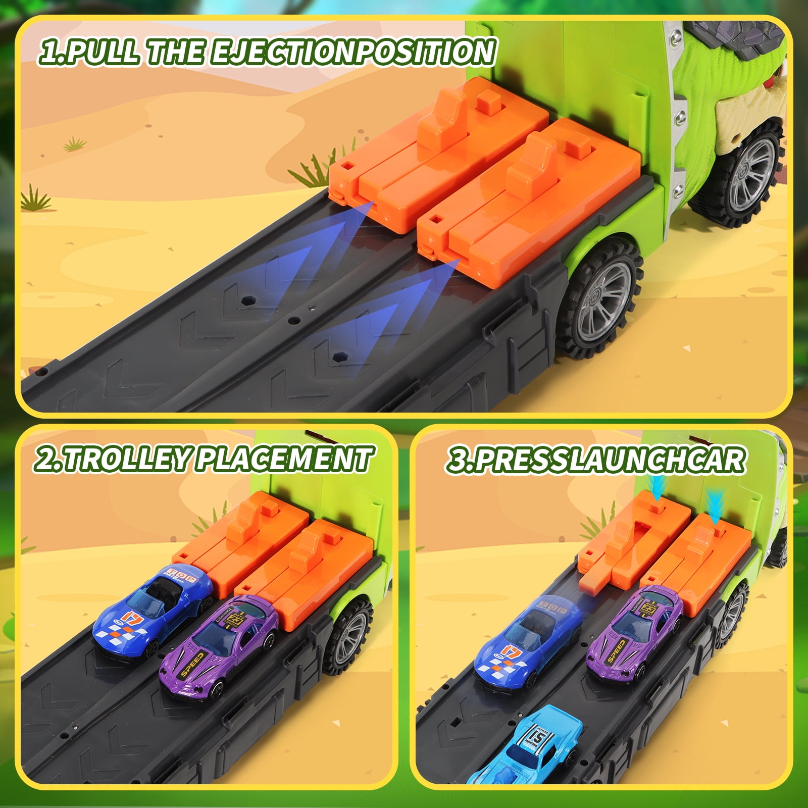 ToyM Dinosaur Truck Toys  for 3 4 5 Years Old Boys, Toddler, Foldable Track & 2 Player Race Mode, Light & Sound, 5-FT Race Track and 8 Die-Cast Metal Toy Cars and 4 dinosaur cars & 13 Accessories