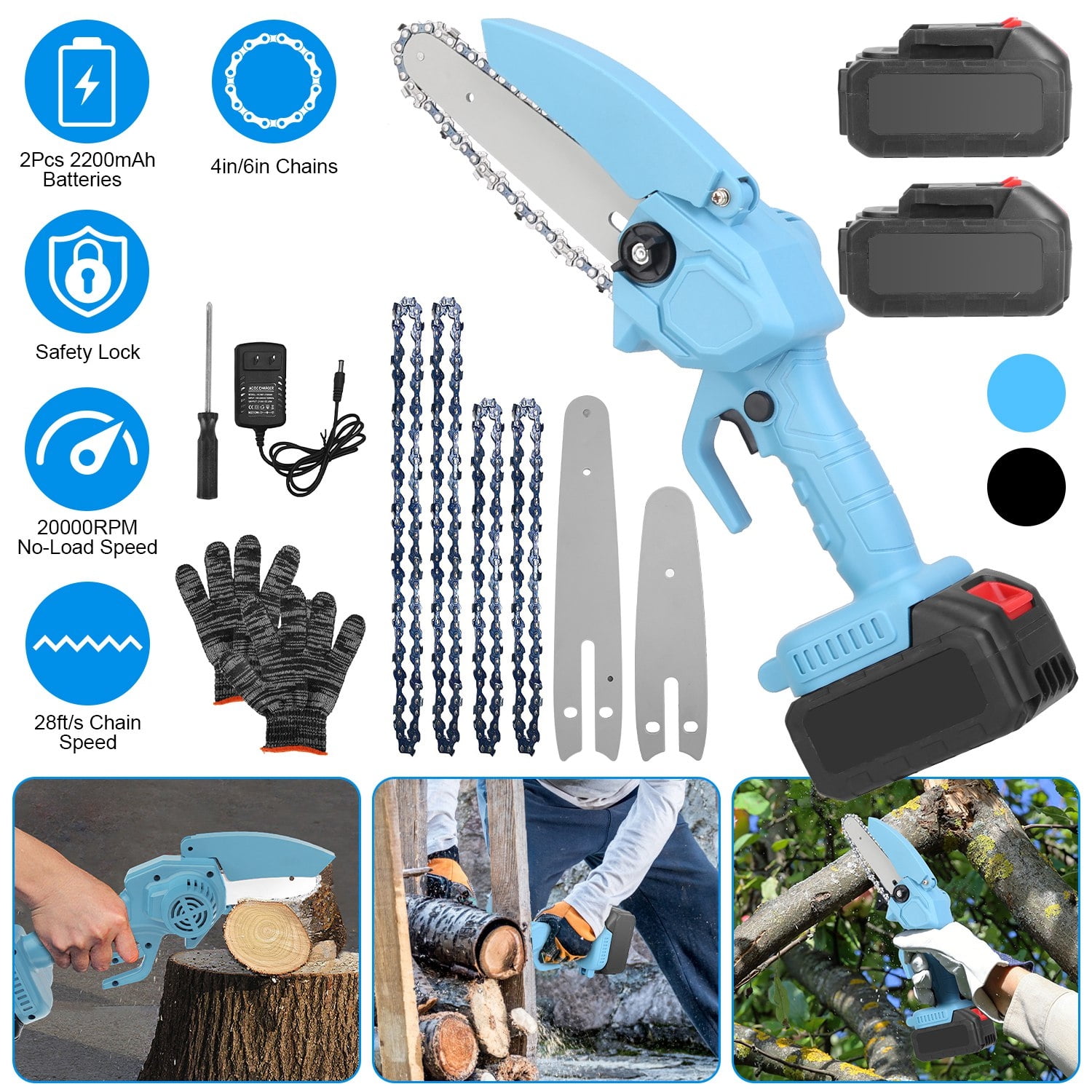 Mini Cordless Electric Chainsaw 4In And 6In Dual Blade Handheld Rechargeable 20000RPM Pure Copper Motor 2200mAh Battery Powered Wood Tree Branches Firewood Cutting Garden Tool Sets Portable Outdoor