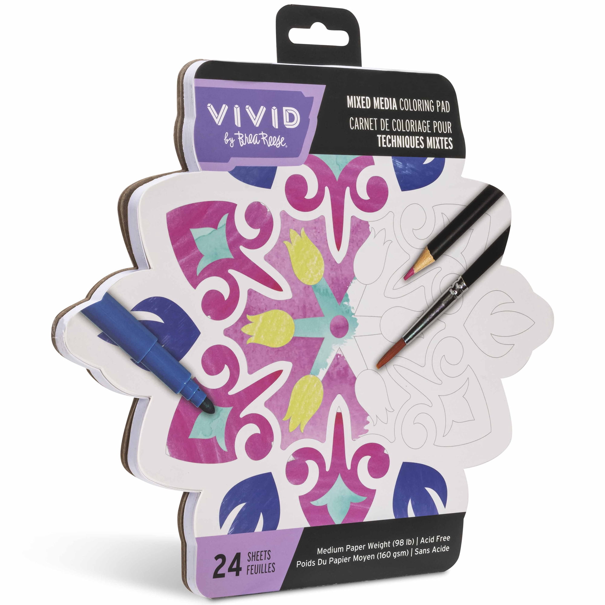 Vivid by Brea Reese: Mixed Media Coloring Pad - Tile - 24 Shaped Sheets in 8 Pattern Designs, Art Paper Pages For Paints-Markers-Colored Pencils