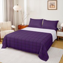 Homewish Fashion Purple Plaid Twin Sheet Sets, Chic Modern Checkered Twin Fitted Sheet, Teens Kids Adult Flat Sheet, Breathable Home Decor, 3-Piece