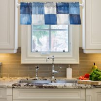 Yayeee Window Valance for Kitchen Farmhouse Rod Pocket Blue and Gray Paid Pattern Short Curtain for Living Room