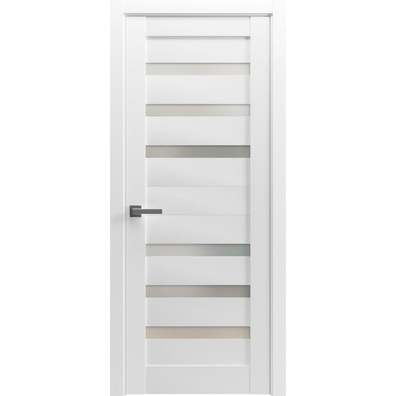 Solid French Pre-Hung Door Frosted Glass | Quadro 4266 White Silk | Single Regular Panel Frame Trims Handle | Bathroom Bedroom Sturdy Doors -18" x 84"