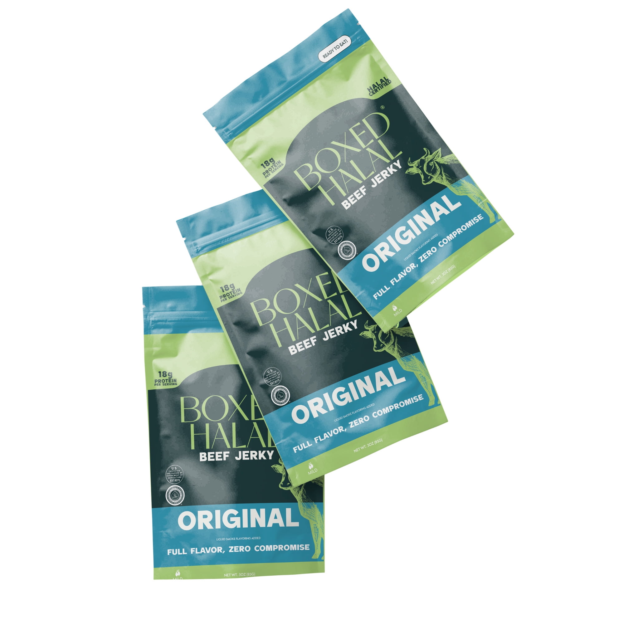 BOXED HALAL Premium 100% Grass-Fed Original Beef Jerky Strips, 13g Protein, , HFSAA Certified Halal, Keto Friendly Snack, 3 Oz. Bags (3 Pack)