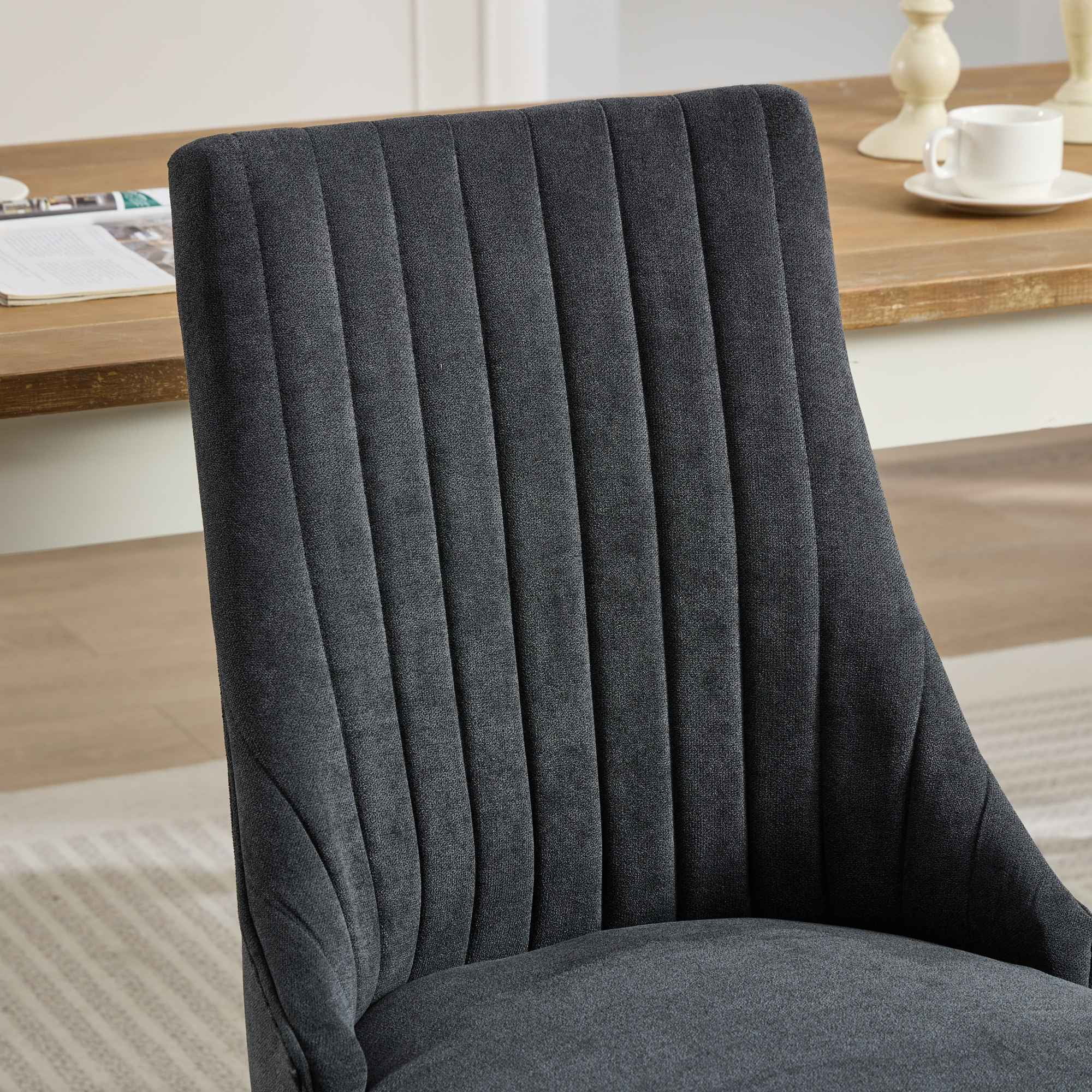 MAYEERTY Rayon Flocking Linen Dining Chairs - Channel Tufting, Curved Solid Wood Legs, Black, Set of 2