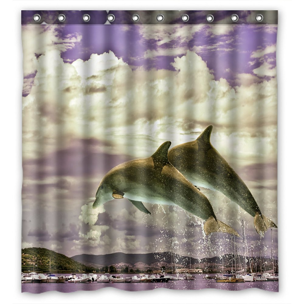 PHFZK Art Shower Curtain, Couple of Dolphins Jumping from the Water