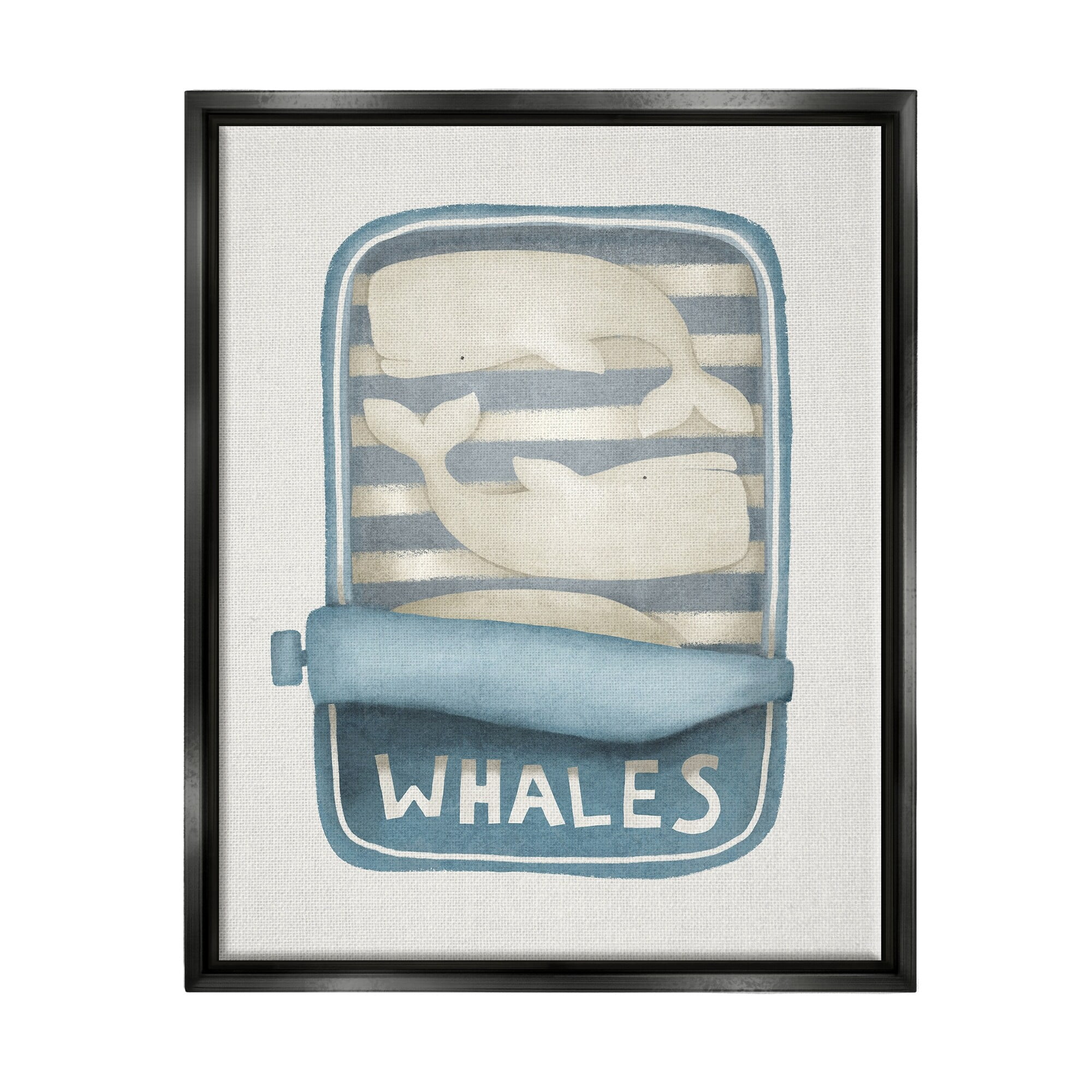 Stupell Industries Tuna Can Design Whimsical Whales Sea Life Illustration Jet Black Framed Floating Canvas Wall Art, 16x20, by Leah Straatsma