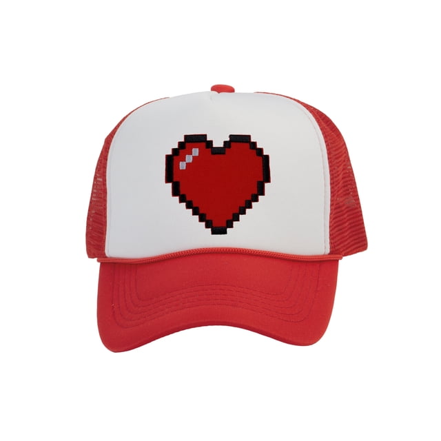 Men's 80's Retro Large 8 Bit Pixelated Heart Gamer Trucker Hat, White/Red