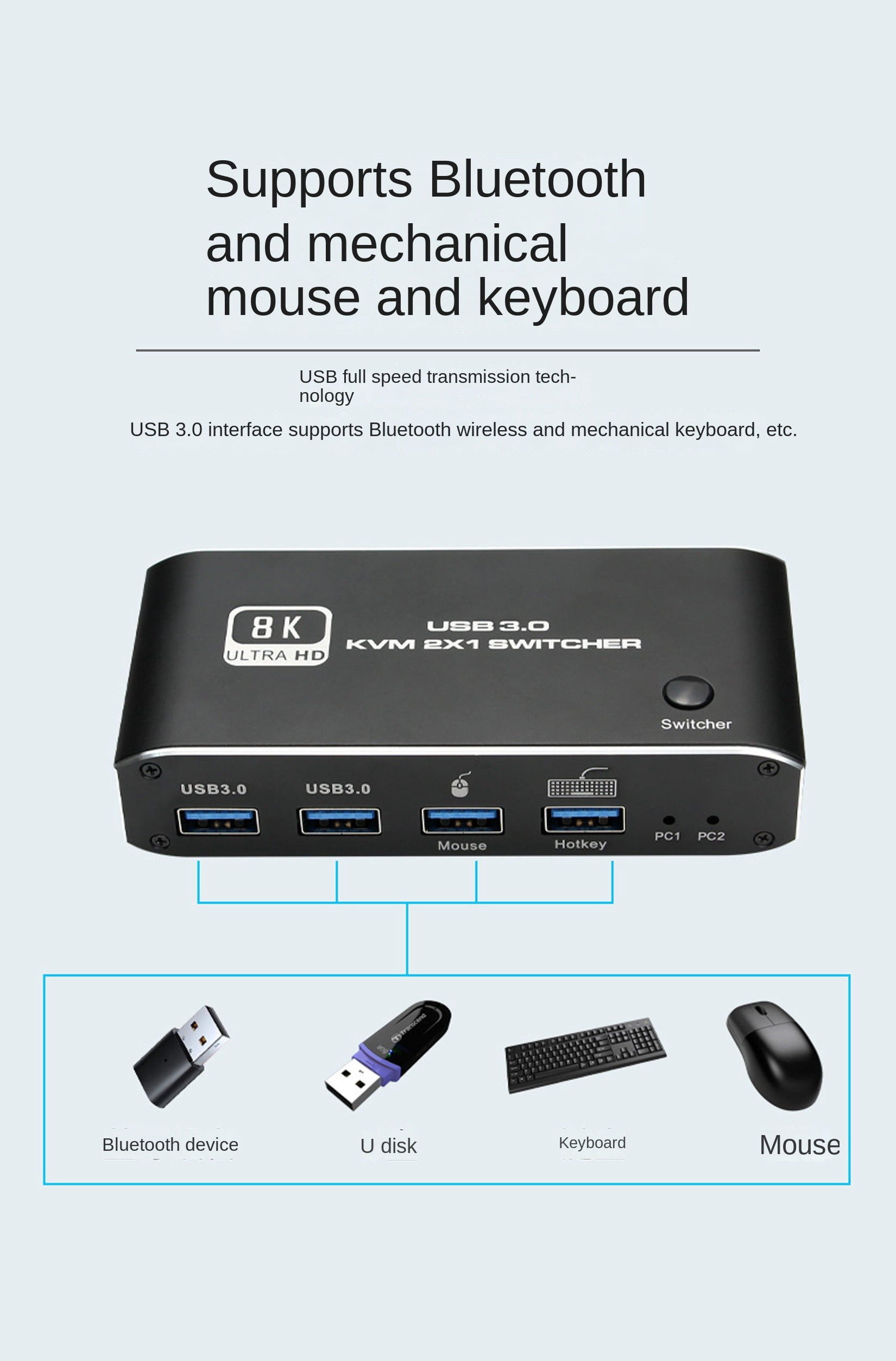 8K HDMI KVM Switch 8K USB KVM HDMI Switch 2x1 HDMI2.1 Ports + 4X USB3.0 KVM Ports,Share 2 Computers one Monitor Switch,Supports 8K 60Hz,4K 120Hz,YUV 4:4:4,HDCP 2.3,HDR 10,Hotkey,Darkish
