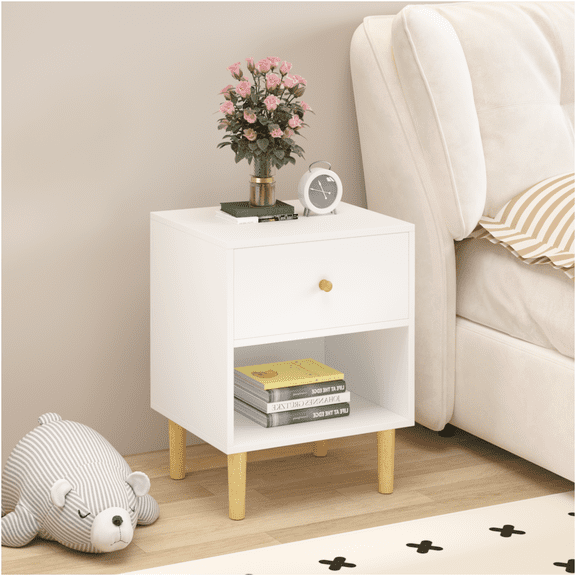 JERFIT White Nightstand with Drawer, 23.22 Inch Bedside Table with Shelf, Modern MDF End Table for Bedroom, Living Room, Kids Room