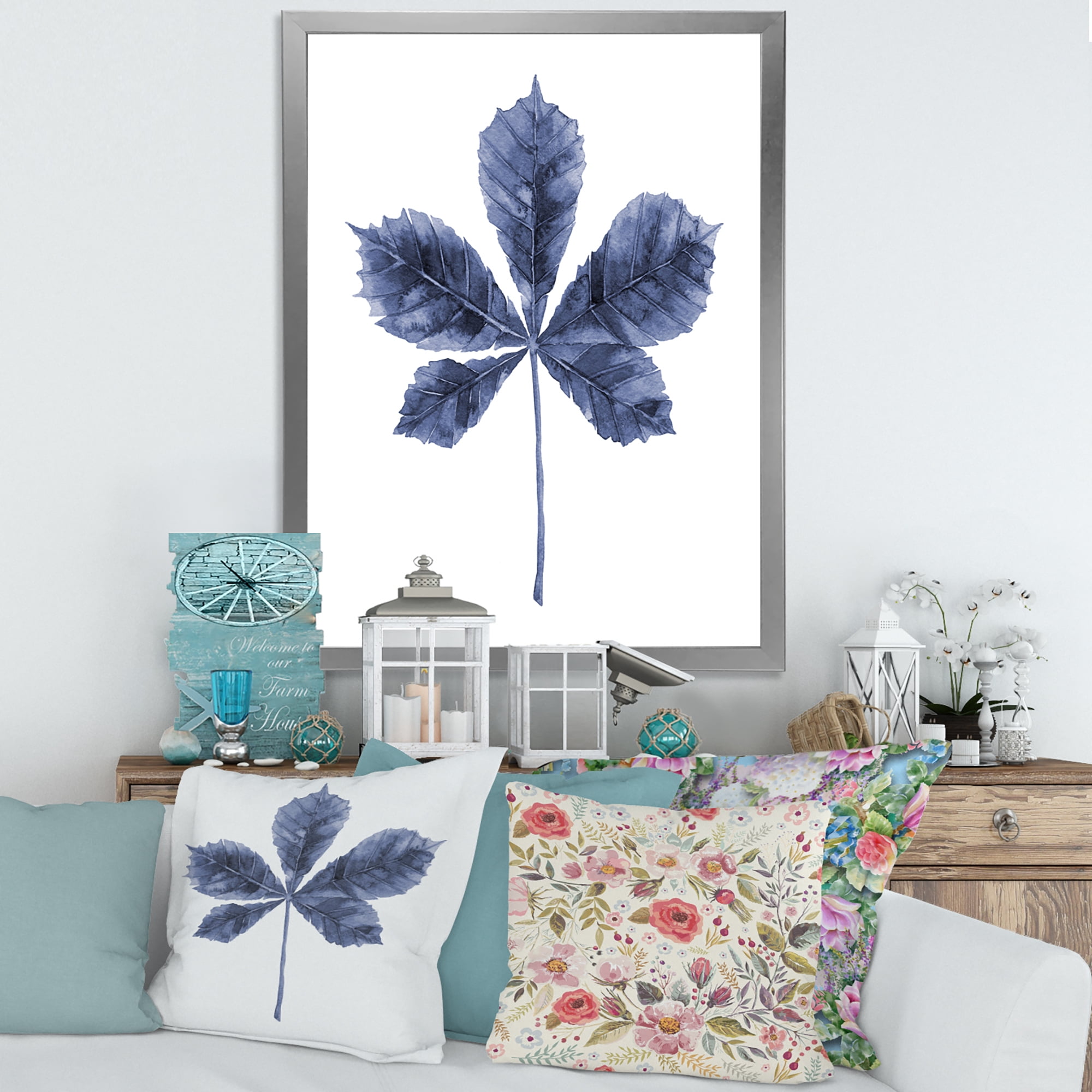 Designart 'Navy Blue Chestnut Leaf On White' Traditional Framed Art Print