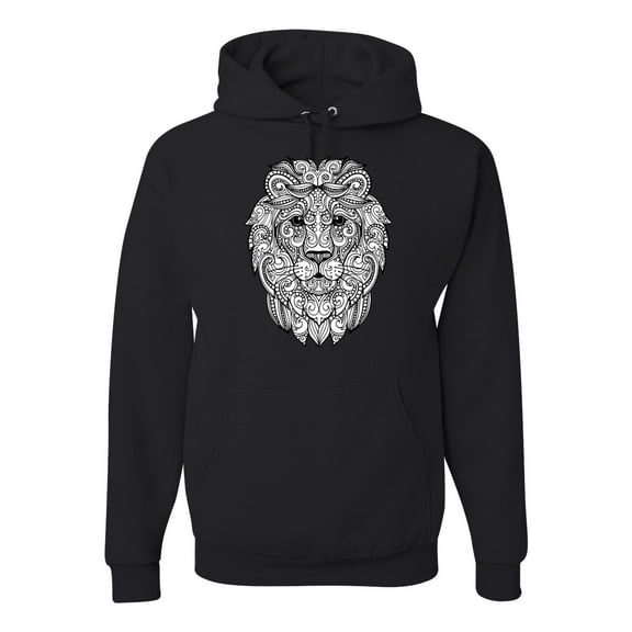 Black and White Mosaic Retro Mandala Lion Animal Lover Graphic Hoodie Sweatshirt, Black, Small