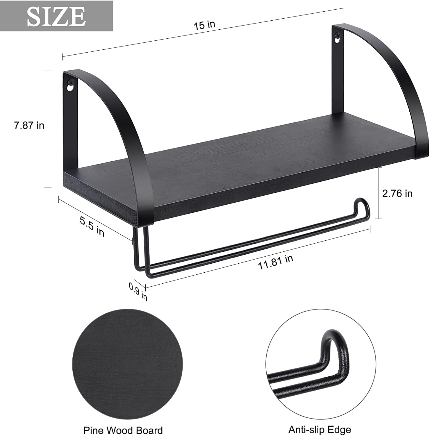 Oumilen Wall Mounted Paper Towel Holder with Wood Shelf, Black
