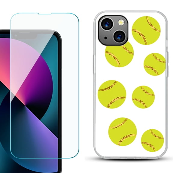 Slim-Fit Gel TPU Phone Case for iPhone 13 Mini, with Tempered Glass Screen Protector, by OneToughShield ® - Softball Seven