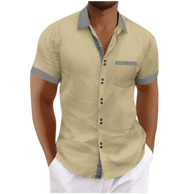 Mens Manga Corta Botón Abajo Camisas Bolsillo de Cuello Turndown de Negocios, Moda Algodón/Blusa de Mezcla de Lino