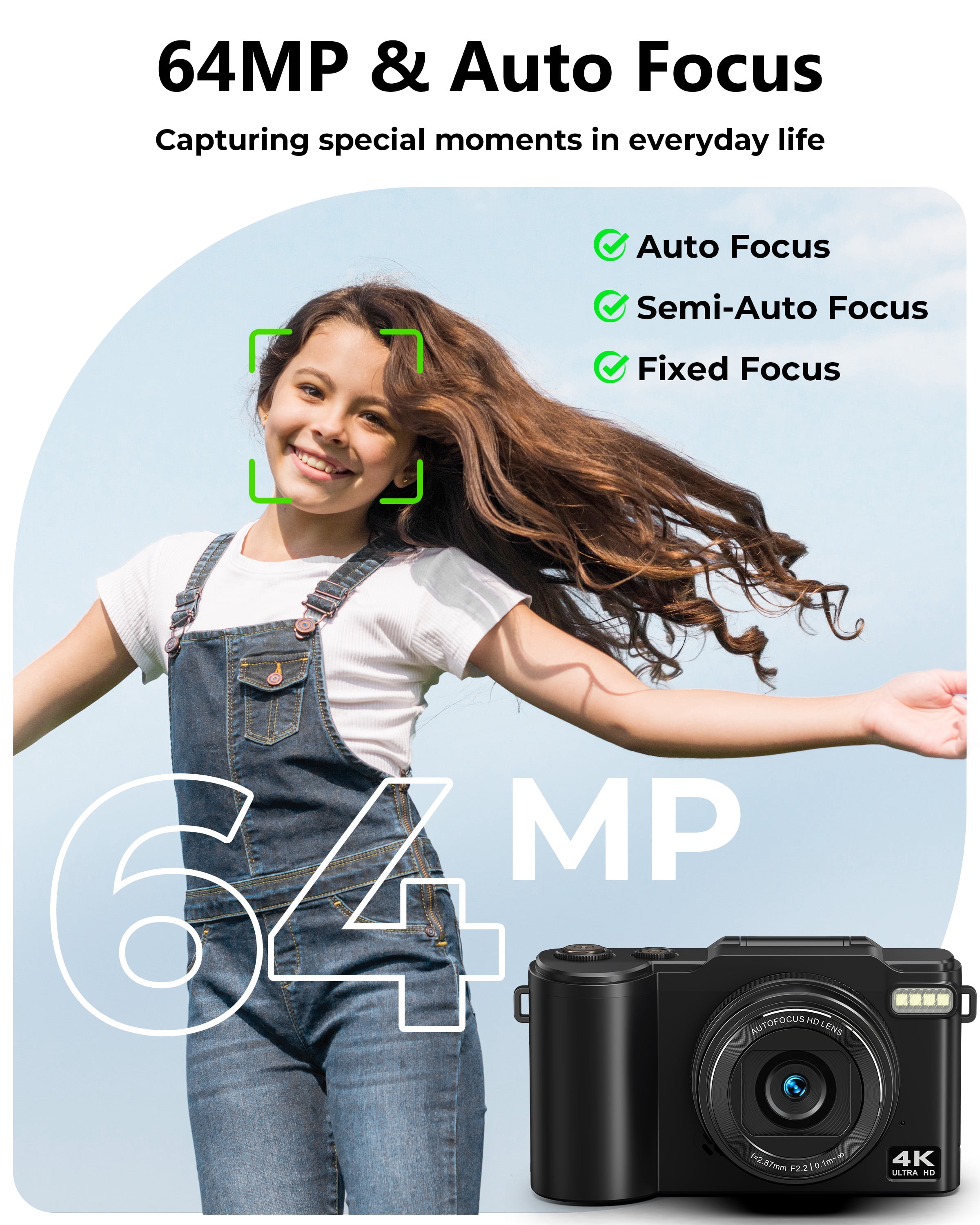 Digital Camera 4K 64MP Vlogging Camera for Photography, 18x Zoom, Autofocus, Flip Screen with 32GB Card