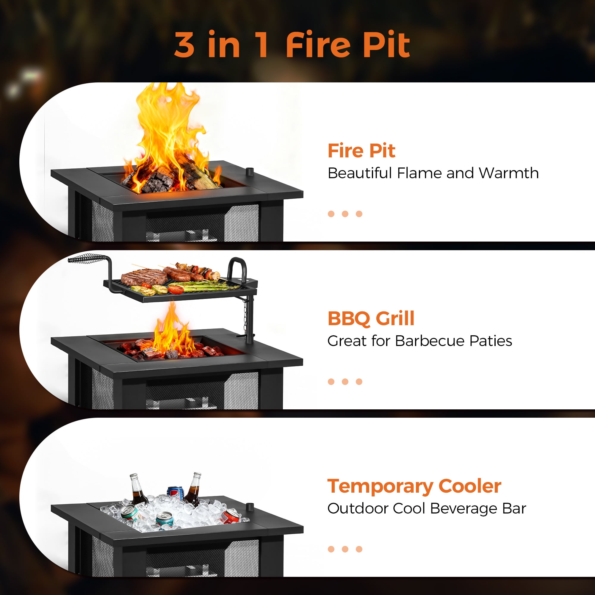 BALI OUTDOORS 3 in 1 Square Fire Pit with Grill, 31 inch Wood Burning Firepits with Poker for Patio, Backyard