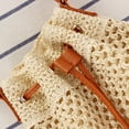 thumbnail image 3 of Natural Paper Rope Straw Crochet Bucket Bag with Brown Leather Handles & Drawstring - Hollow Solid Color Splicing Design, 26cm Open Length 29cm Height, Lightweight 0.25kg Summer Vacation Casual, 3 of 6