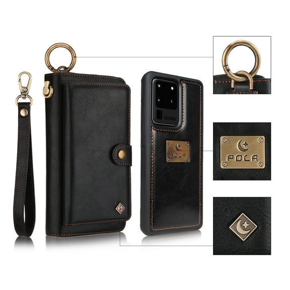 Galaxy S20 Ultra Case, Allytech Retro PU Leather Magnetic Detachable Back Cover Zipper Wallet Folio Cards Slots Purse Wrist Strap Clutch Protective Case Cover for Samsung Galaxy S20 Ultra 6.9",Black