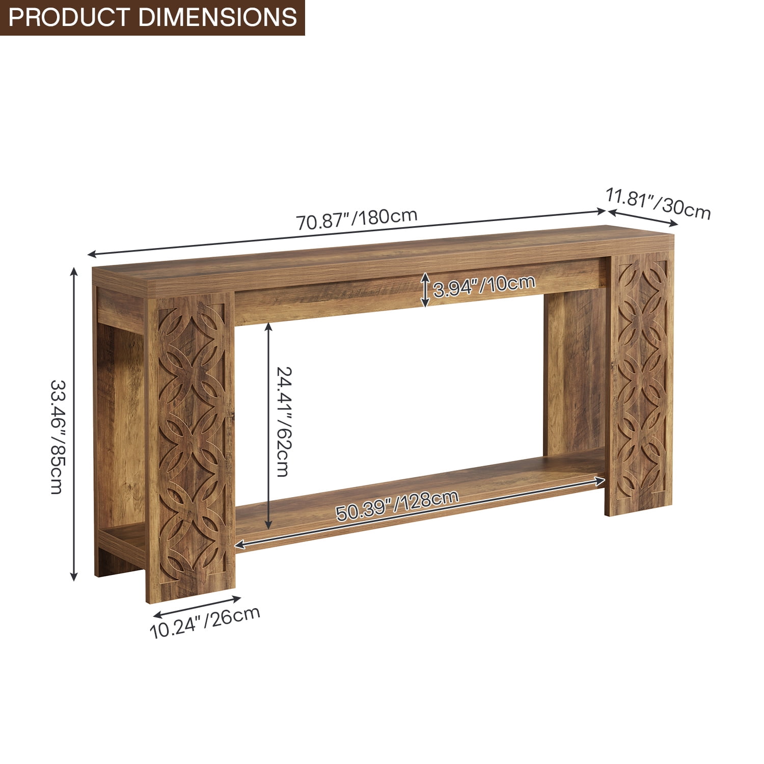 Demi Bonn 70" Bohemian Handcrafted Wooden Console Table, Entryway Side Table with Elegant Carvings for Living Room, Brown