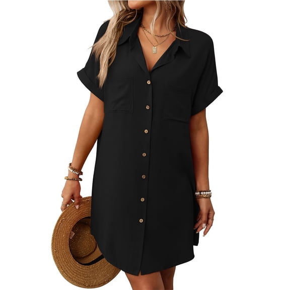 Shirt Dress Cotton Linen Short Sleeve Striped A Line Mid Length Casual Work Dress S-XL