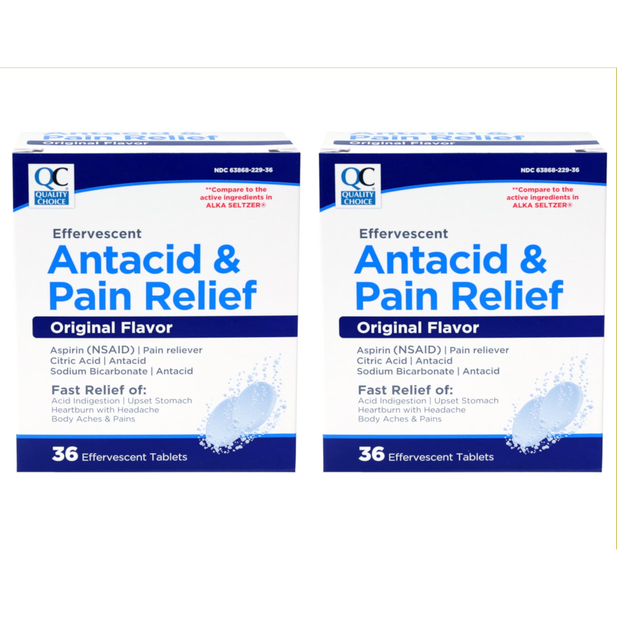 2 Pack Quality Choice Effervescent Pain Relief Antacid Tablets 36 Count Each