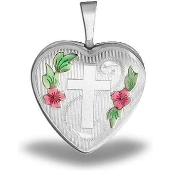 PicturesOnGold.com Sterling Silver Cross with Enamel Flowers Heart Locket 1/2 Inch X 1/2 Inch