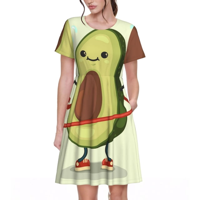 Balery Cute Avocado Doing Exercise Vestidos sueltos de manga corta para mujer, vestidos de verano 2025, vestidos casuales de corte A con vuelo.