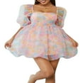 thumbnail image 1 of Women‘s Summer Puff Sleeve Tulle Babydoll Dress Fairy Ruffle Pattern Print  A-line Mini Dress, 1 of 8