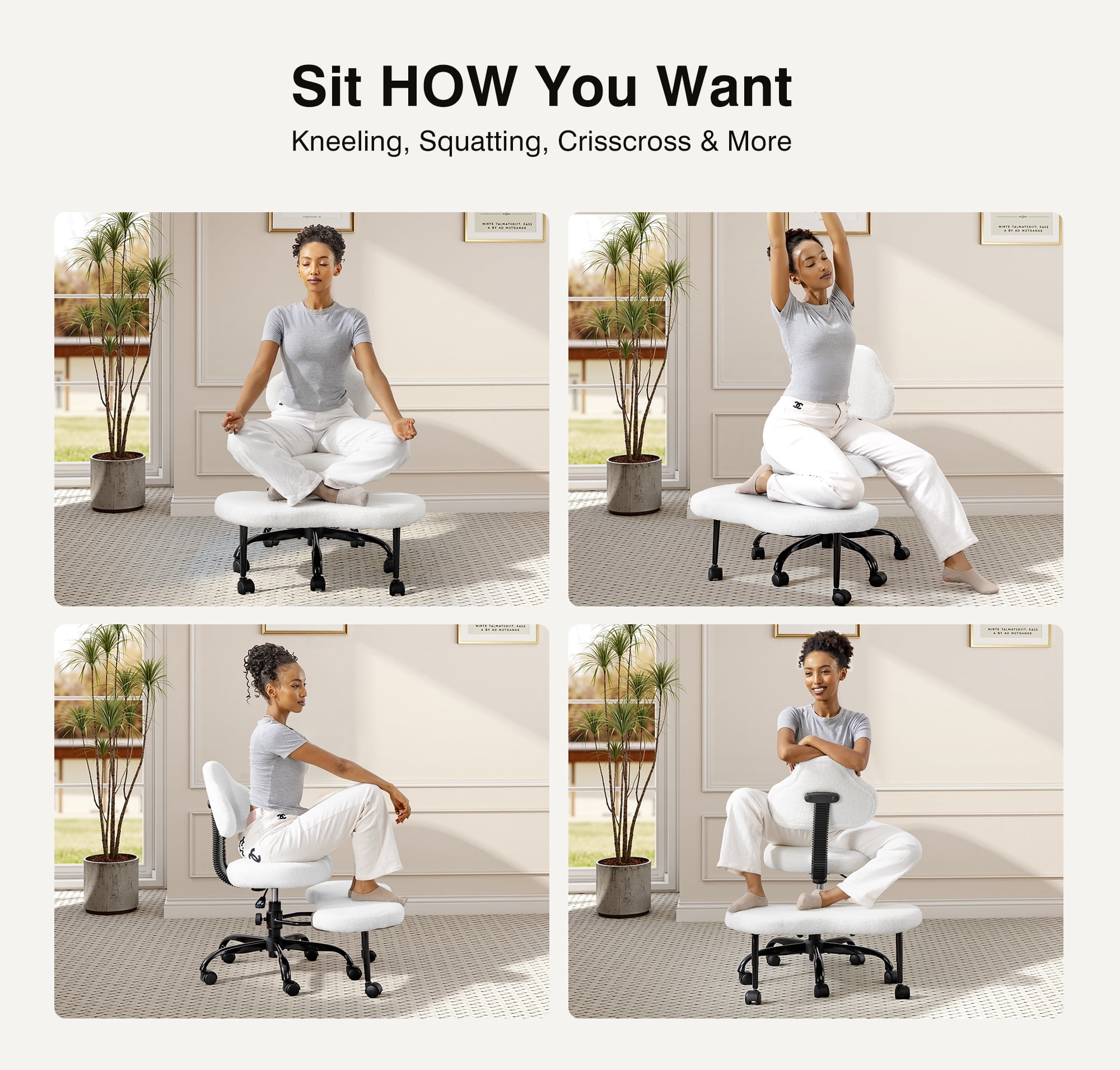 Primy Cross Legged Swivel Chair, ADHD Meditation Yoga Chair, Ergonomic Kneeling Chair for Adults with Wide Seat, 360° Swivel Retractable Footrest, Adjustable Height and Teddy Fabric, White