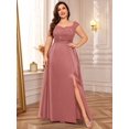 thumbnail image 3 of Dusty Pink Plus Size Sleeveless Sequin Lace Bodice Satin A-Line High Slit Formal Evening Gown, 3 of 7