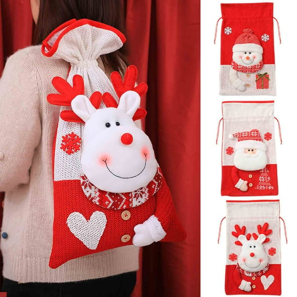Bolsa de Regalo Navideña de Punto, Gran Decoración con Cordón, Ideal para Colgar En La Pared Oel Árbol, 3 Variantes, Ideal para Regalos Navideños, Tamaño 31 X 55 Cm.