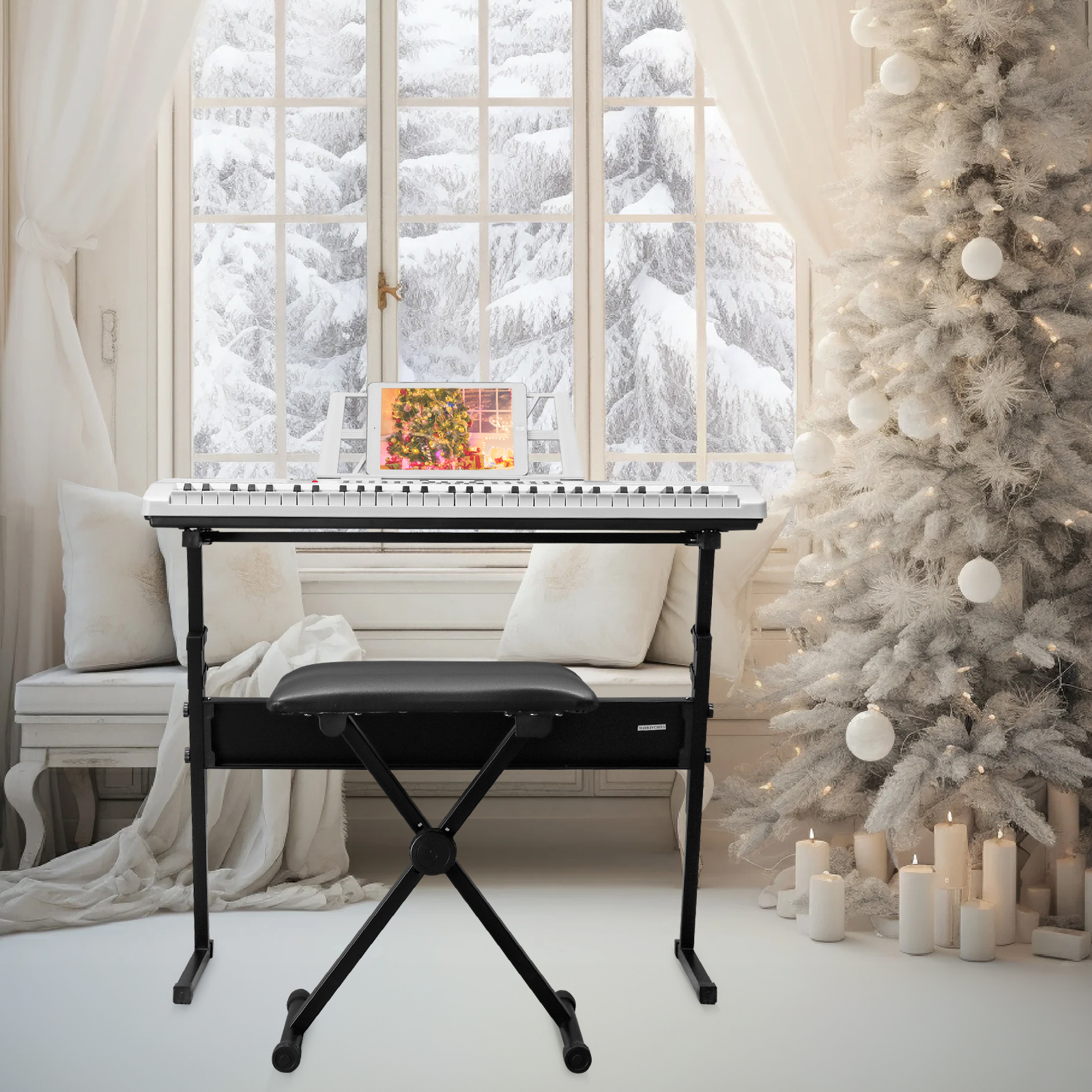 Glarry 61 Keys Keyboard Piano with Z Type Stand, Adjustable Height Bench, Built In Speakers for Beginners, White