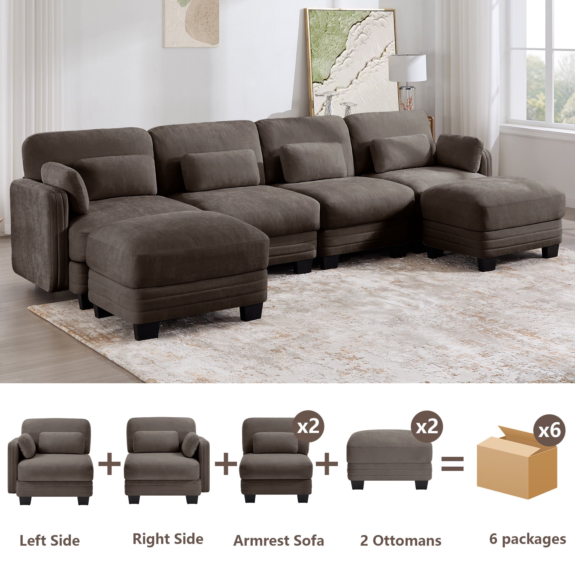 130" U-shaped Tufted Modern Modular Sectional 4 Seater Sofa Couch with 2 Ottomans and 6 Pillows