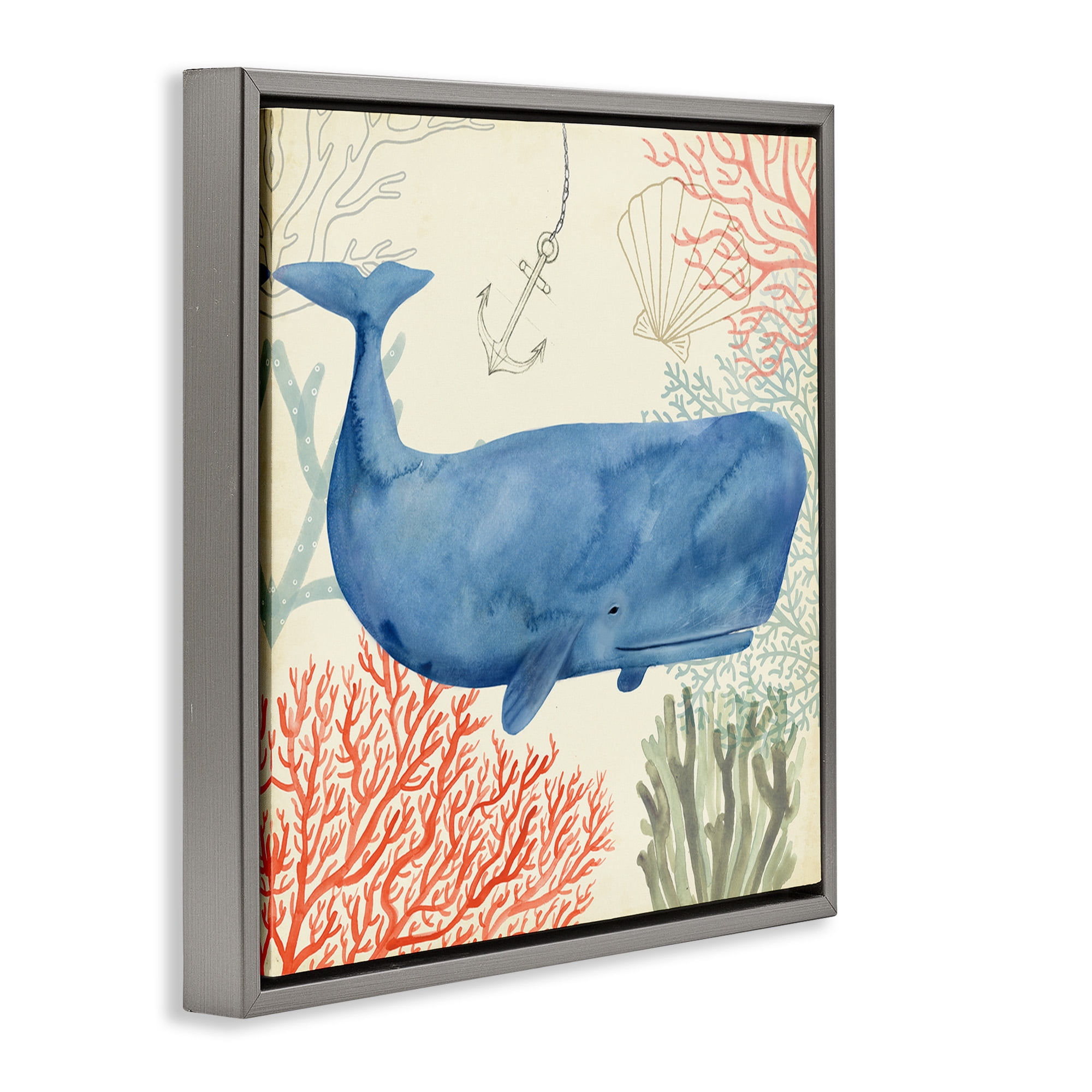 Stupell Industries Underwater Whimsical Whale Watercolor Animals & Insects Painting Gray Floater Framed Canvas Art Print Wall Art, 18 x 18