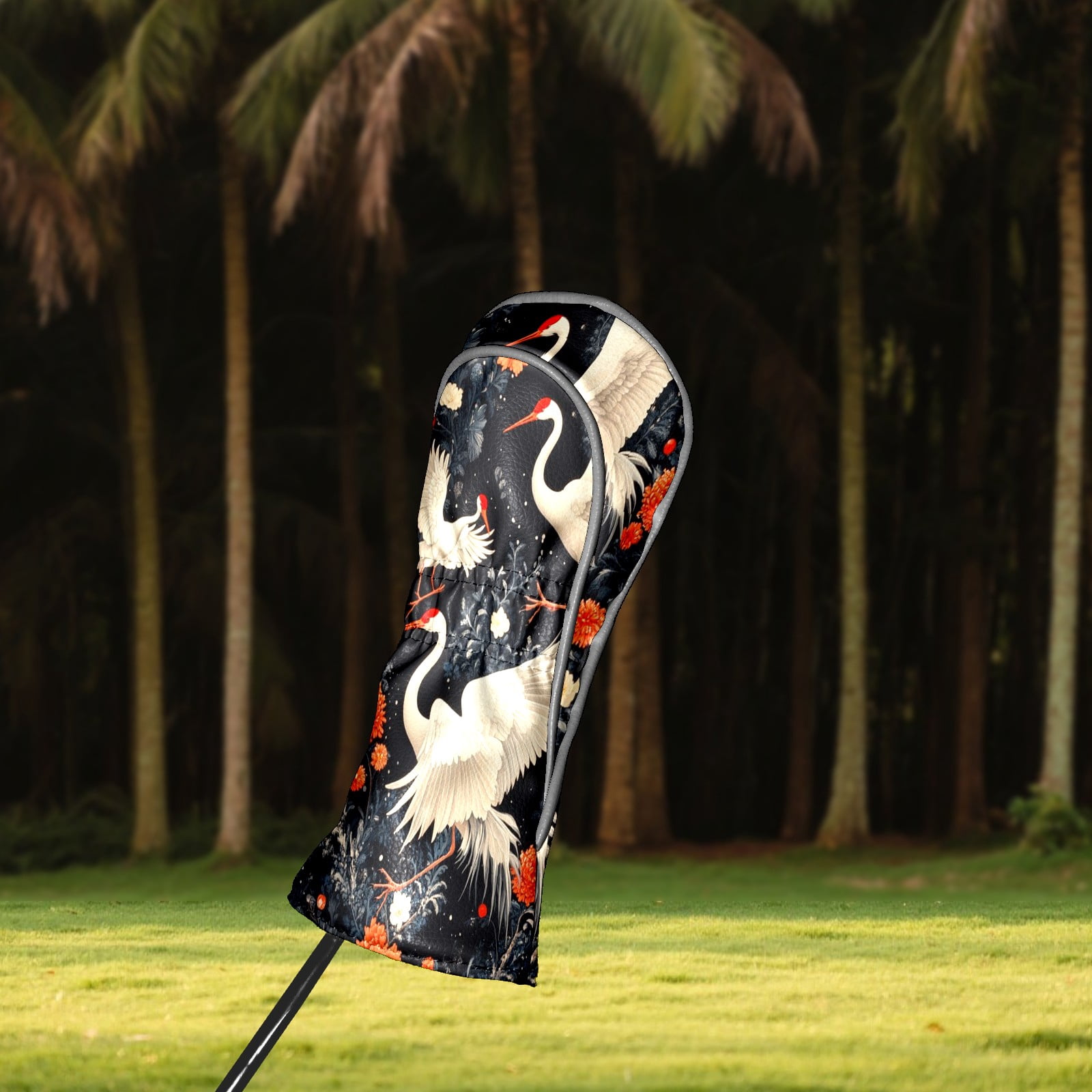 Golf Head Covers - White Crane Design, Premium Waterproof PU Leather, Plush Lining, Fits Driver/Hybrid, Elegant Bird Golf Gift