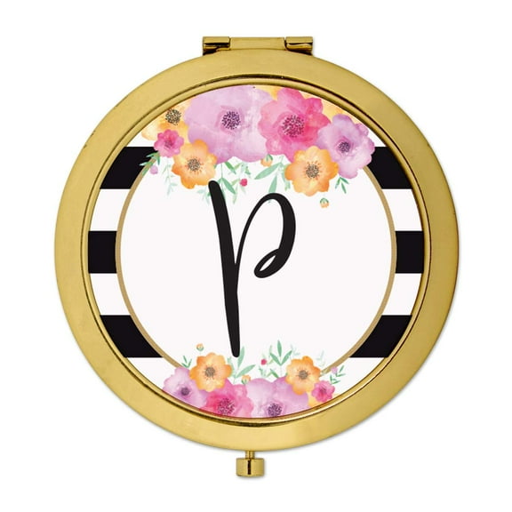 Koyal Wholesale Compact Mirror Bridesmaid's Wedding Gift, Gold, Monogram Letter P, Modern Black White Stripes , 1-Pack