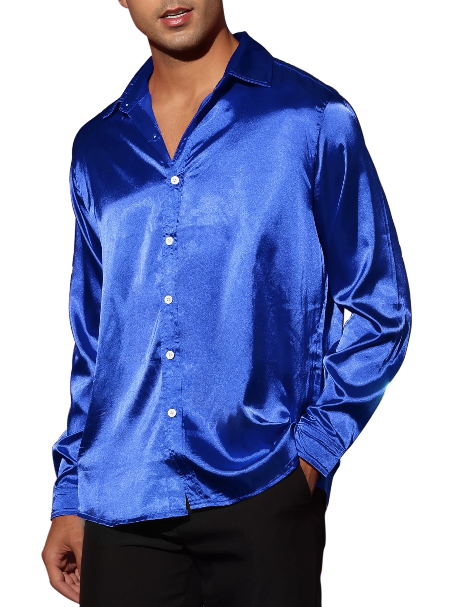 Unique Bargains Men's Satin V Neck Long Sleeves Button Down Prom Shirts XL Blue