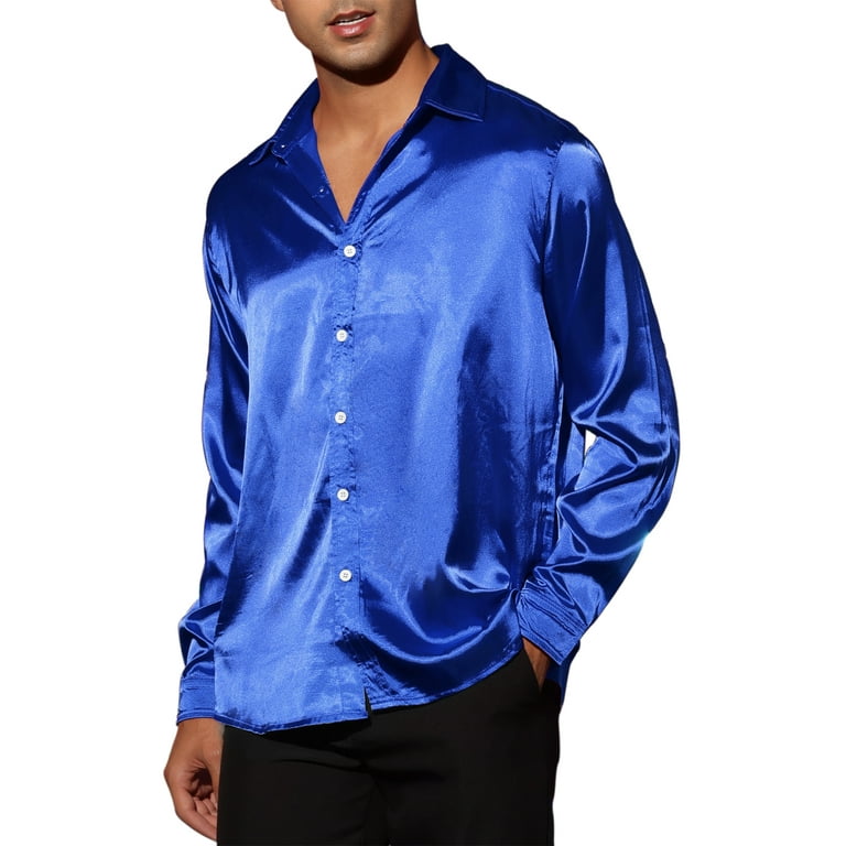 MODA NOVA Big Tall Men s Dress Satin V Neck Long Sleeve Button Down Shirts Blue XLT