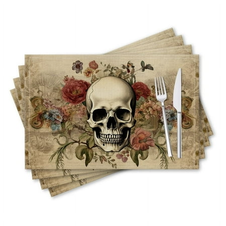 

BaHomeck placemats Set of 4 rectangle Linen Cotton Placemats for Dining Table Washable Heat Resistant 18*12inch Vintage Skull And Floral Design