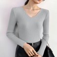 thumbnail image 7 of HAPIMO Women's Stretch Knit Tops Slim Fit Cropped Shirts Lightweight Casual Workout Blouses Long Sleeve V Neck Pullover Tops Gray Free Size, 7 of 7