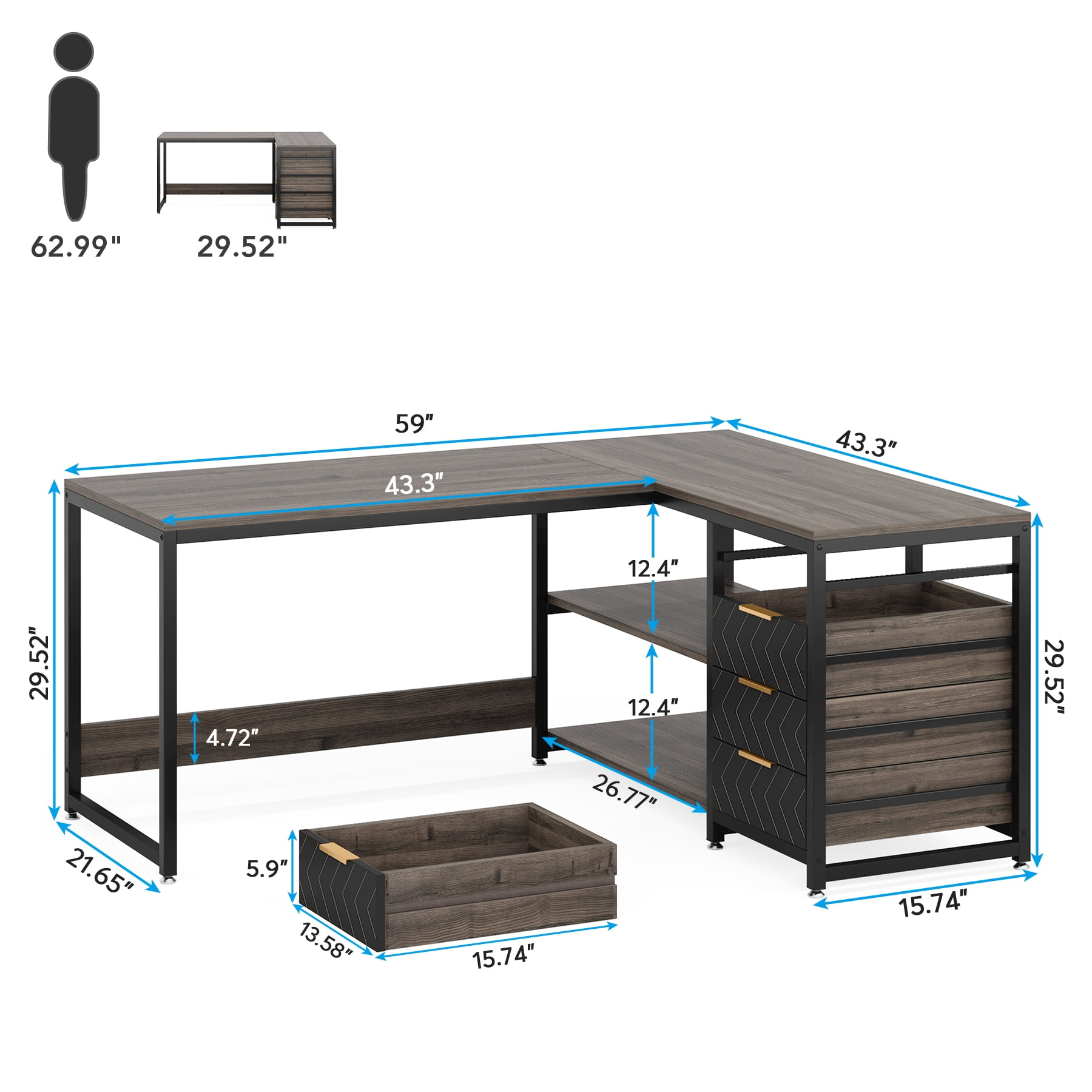 Tribesigns L-shaped Computer Desk, 59 inch Corner Desk with Drawers and Storage Shelves, Reversible Writing Study Table for Home Office, Grey
