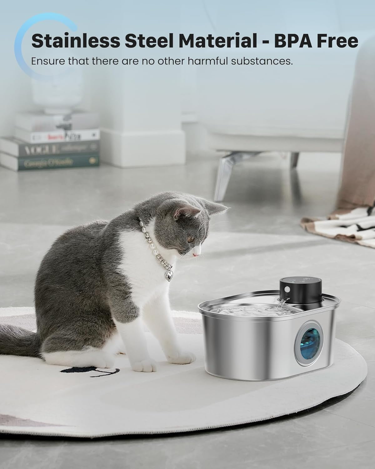 Wireless Cat Water Fountain: Battery Operated Stainless Steel Pet Fountain, Automatic Cordless Water Dispenser Indoor, Metal Faucet Bottle for Drinking, Rechargeable Dog Water Bowl with 1 Filter