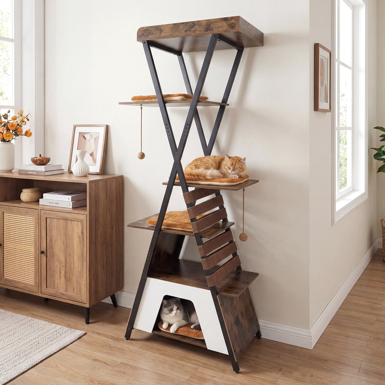 Costway 73" Wooden Multi-level Cat Tower with Elevated Perch, Large Condo, Dangling Balls Rustic Brown + Brown