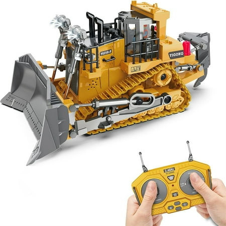 Remote Control Bulldozer Toys for Kids,9 Channel 1:24 Scale 2.4Ghz Construction Vehicles with Metal bulldozing Shovel,Lights,Sounds,RC Bulldozer Gifts for Boys Girls