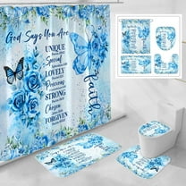 4 Pcs Teal Butterfly Inspirational Quotes Shower Curtain Set with Rugs and Toilet Lid Cover, Colorful Boho Waterproof Fabric Bathroom Set, Bible Verse Floral Bathroom Decor Set Accessories